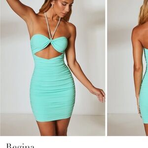 Oh Polly Green Ruched Backless Mini Dress